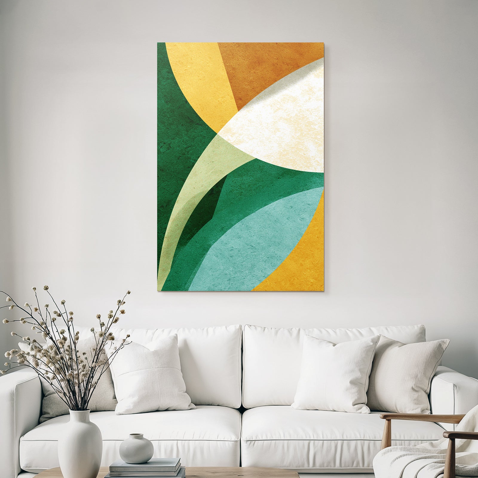 Abstract Design Overlapping Shapes Colors Green Gold Cream