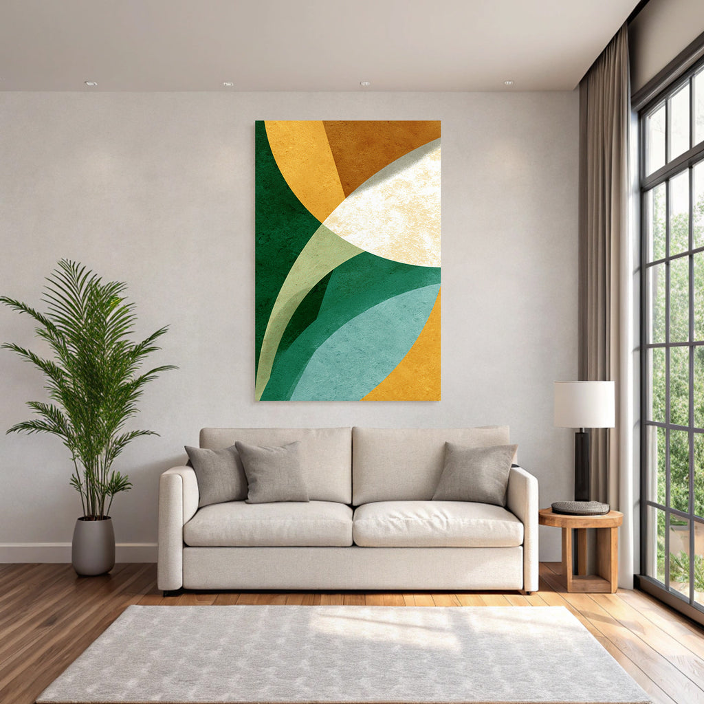 Abstract Design Overlapping Shapes Colors Green Gold Cream