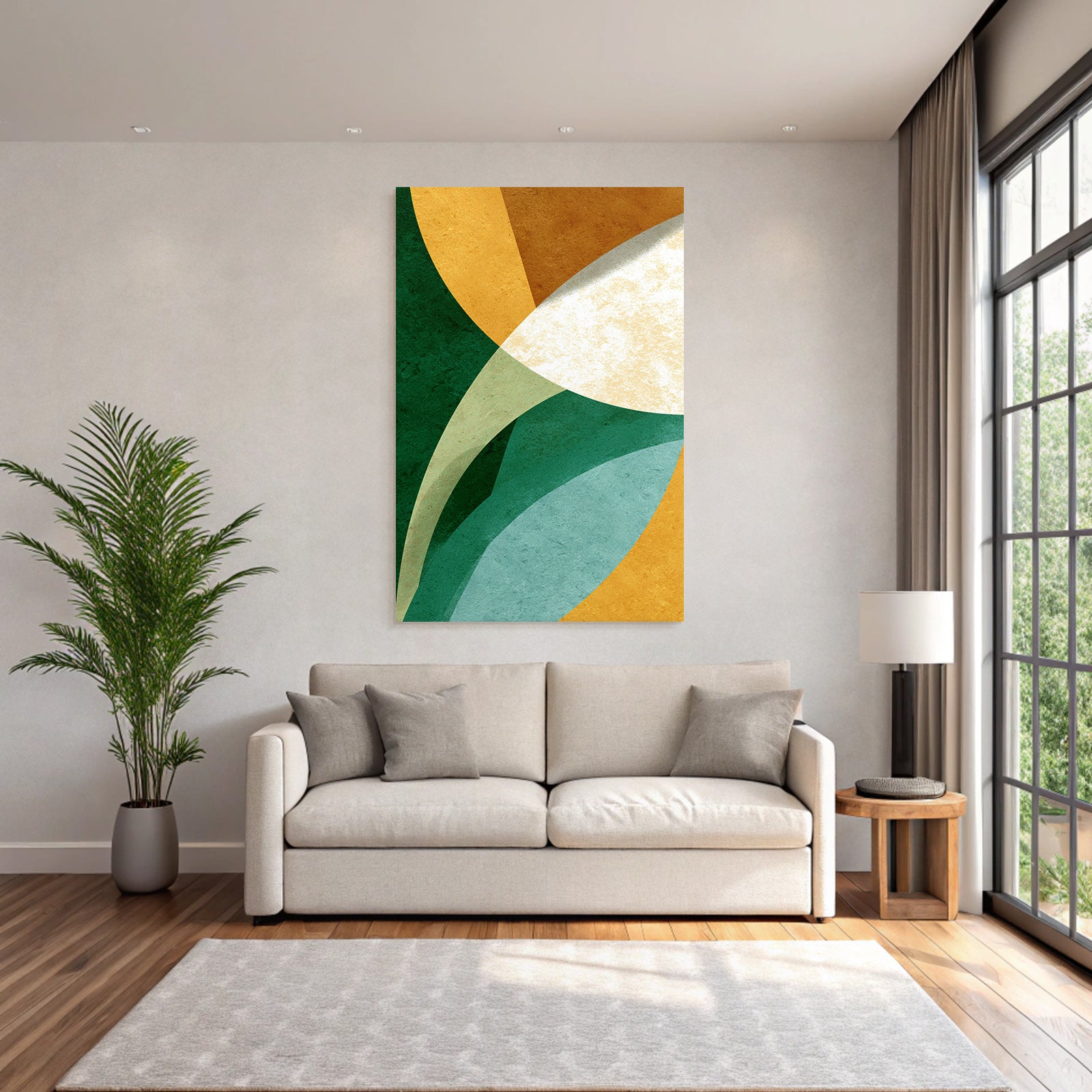 Abstract Design Overlapping Shapes Colors Green Gold Cream