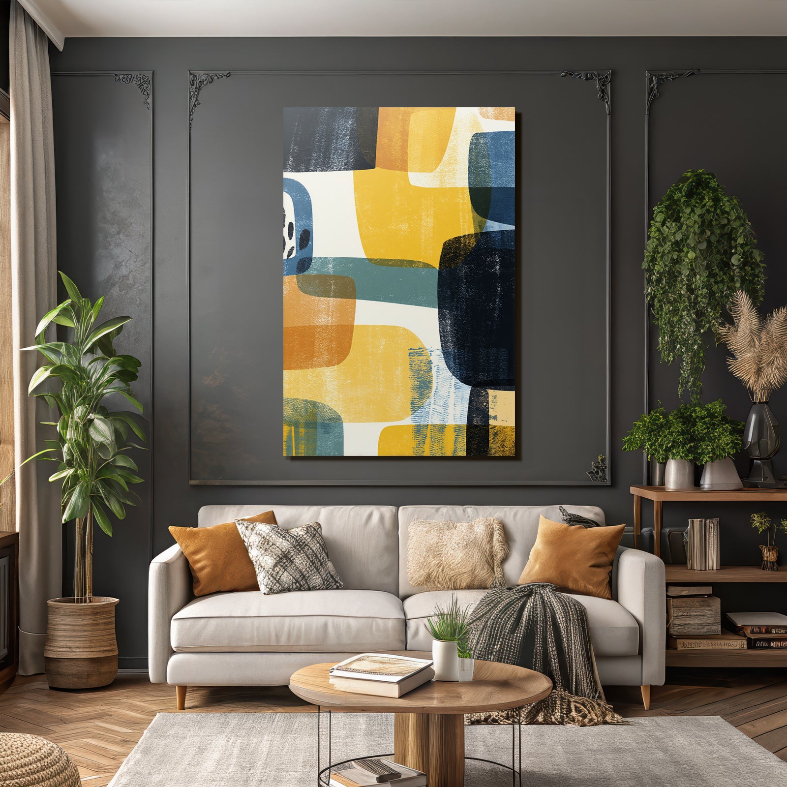 Abstraktes Design Ueberlappende Formen Gelb Blau Dunkel