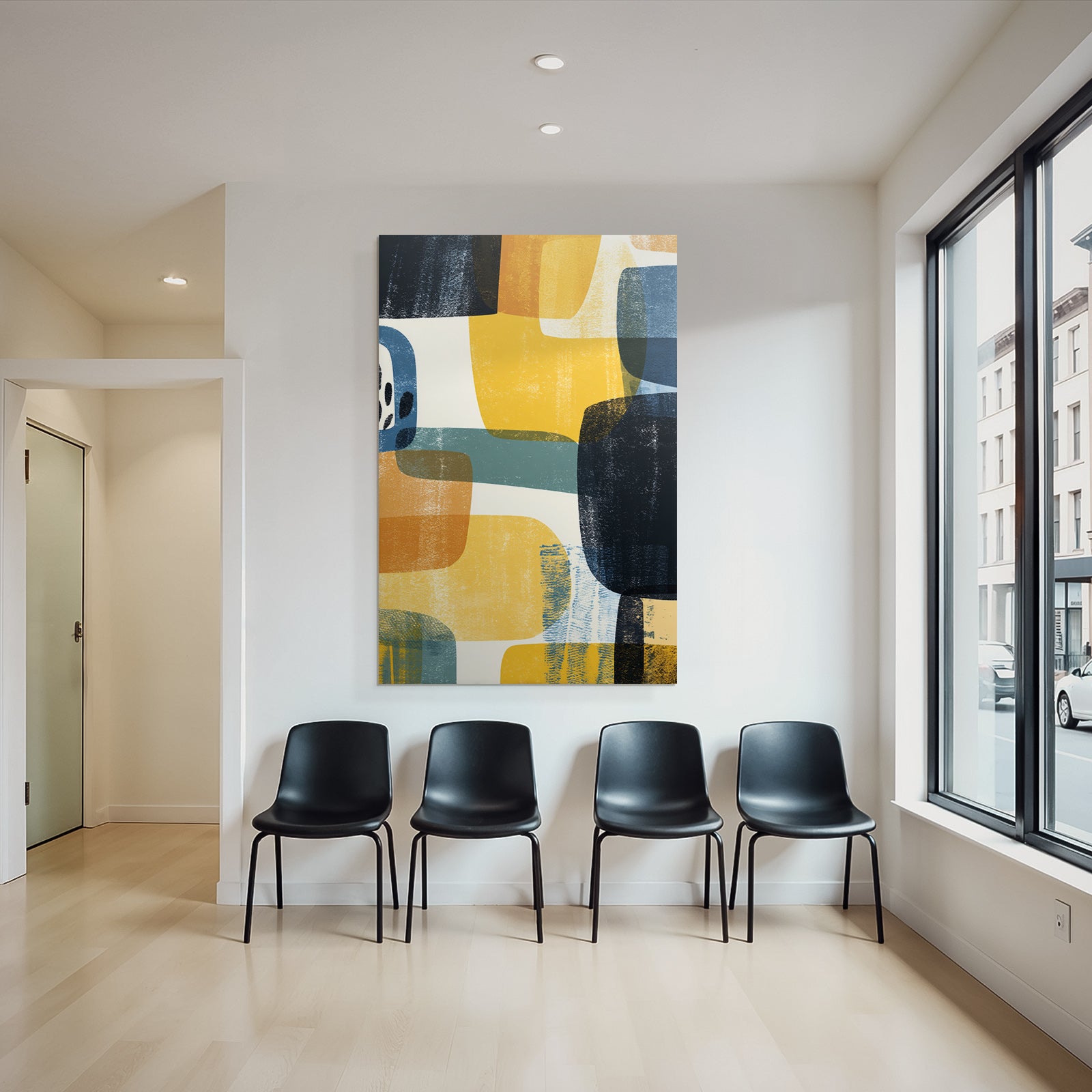 Abstraktes Design Ueberlappende Formen Gelb Blau Dunkel