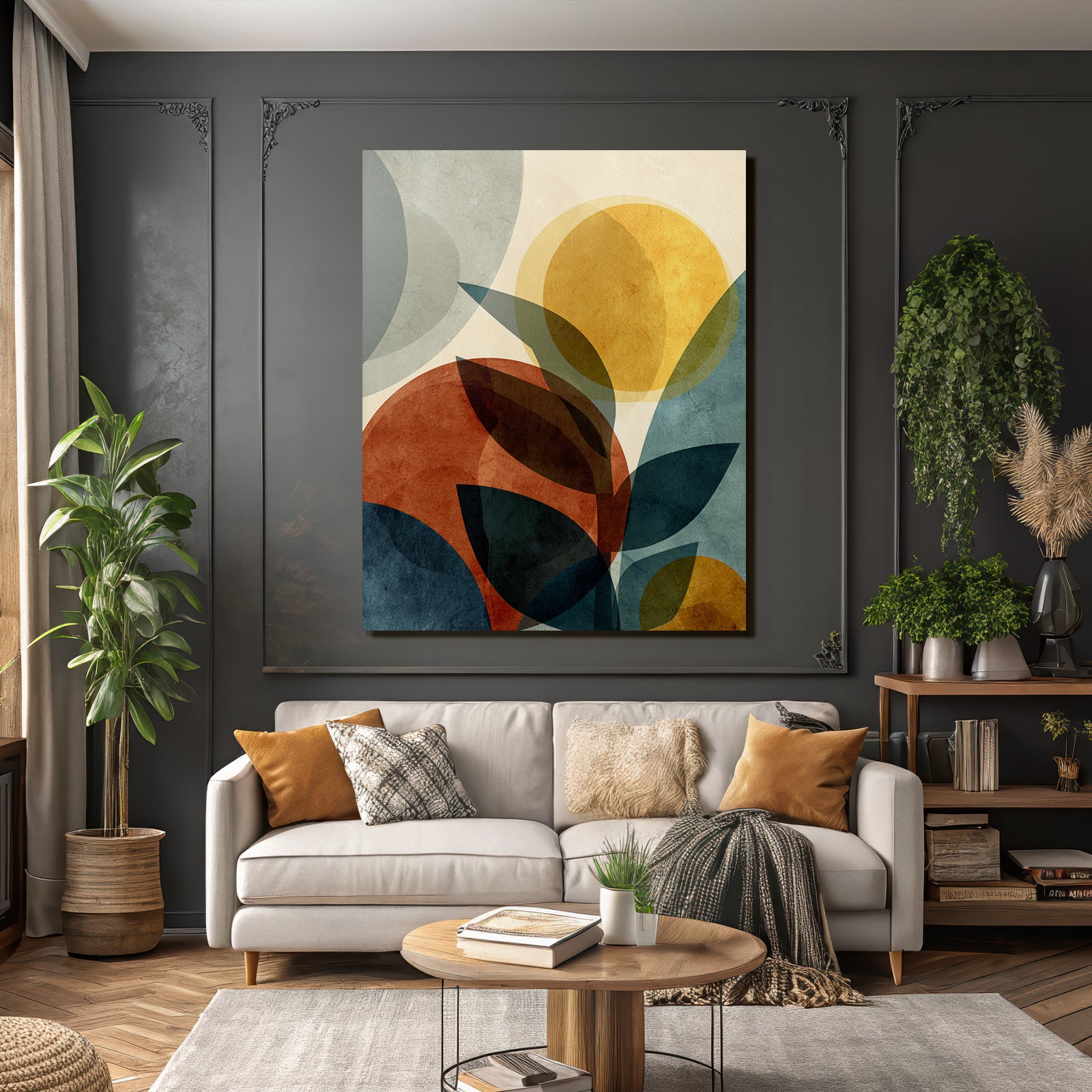 Abstract design overlapping shapes and leaves color variety