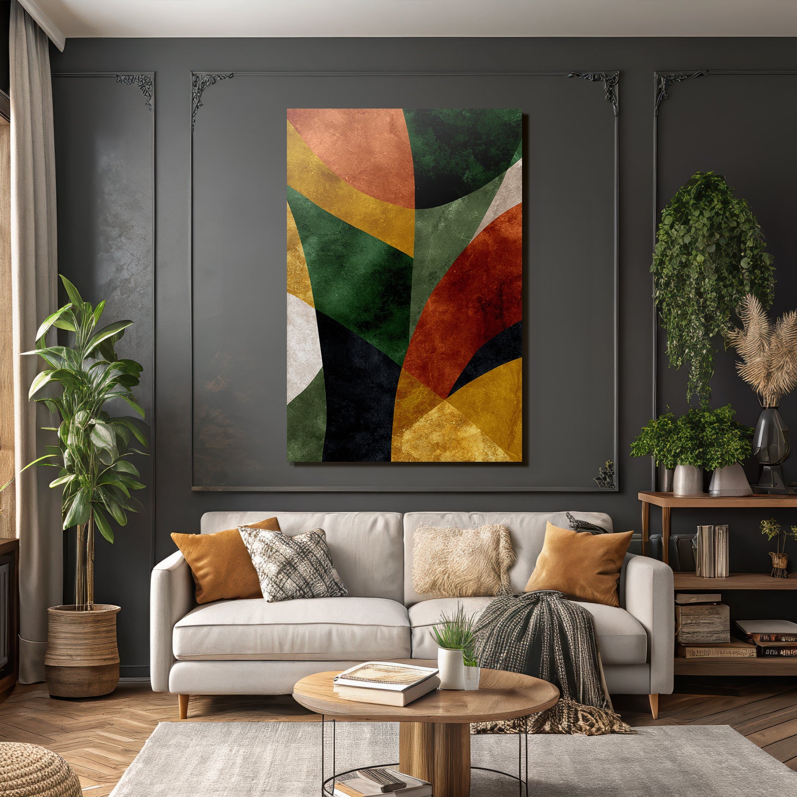Abstract design various shapes colors green orange yellow