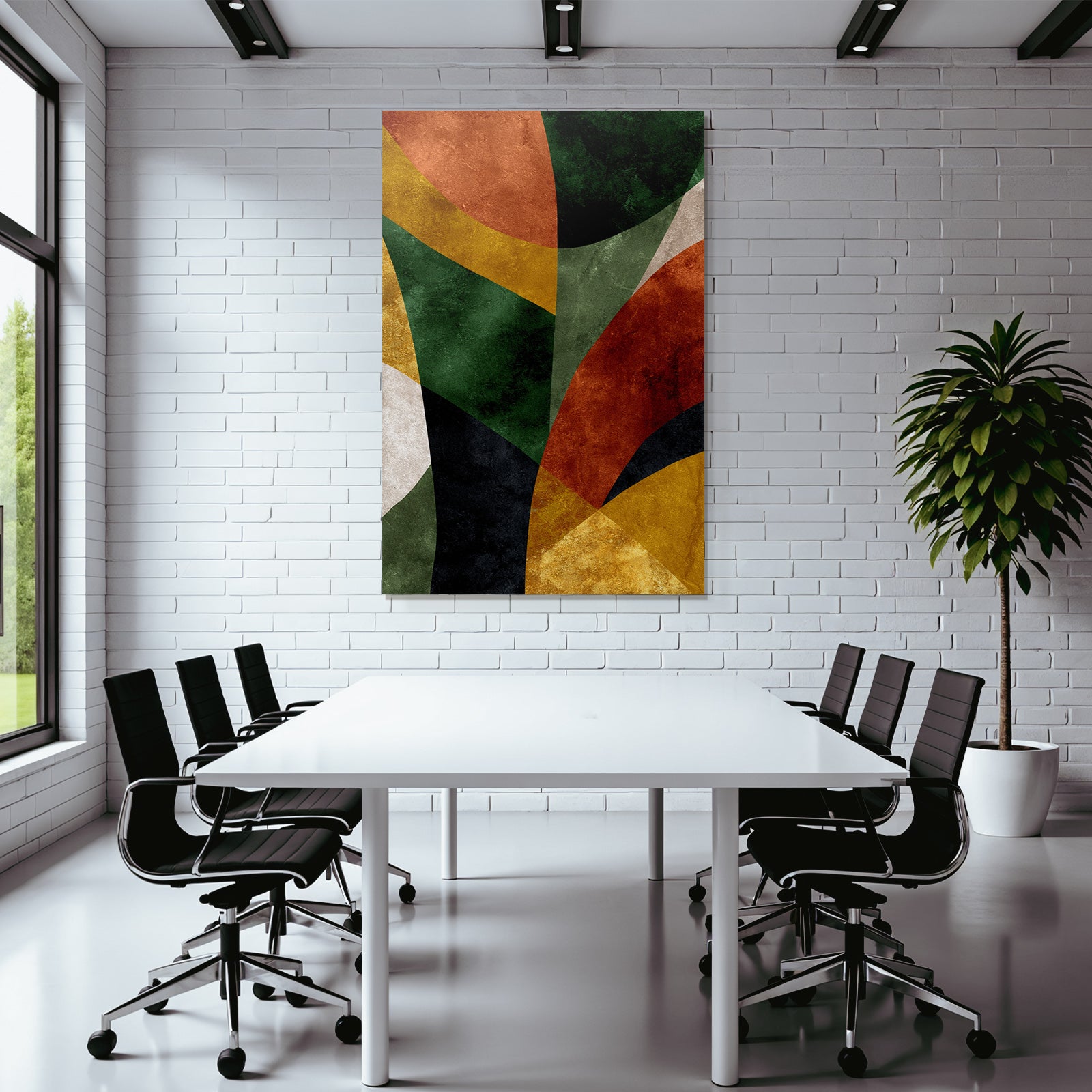 Abstract design various shapes colors green orange yellow