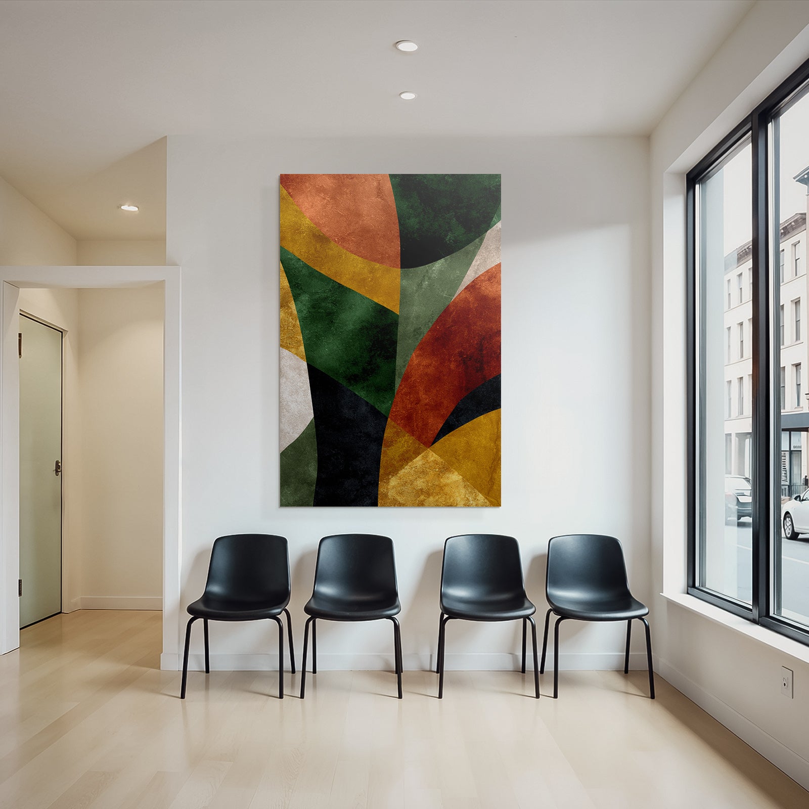Abstract design various shapes colors green orange yellow