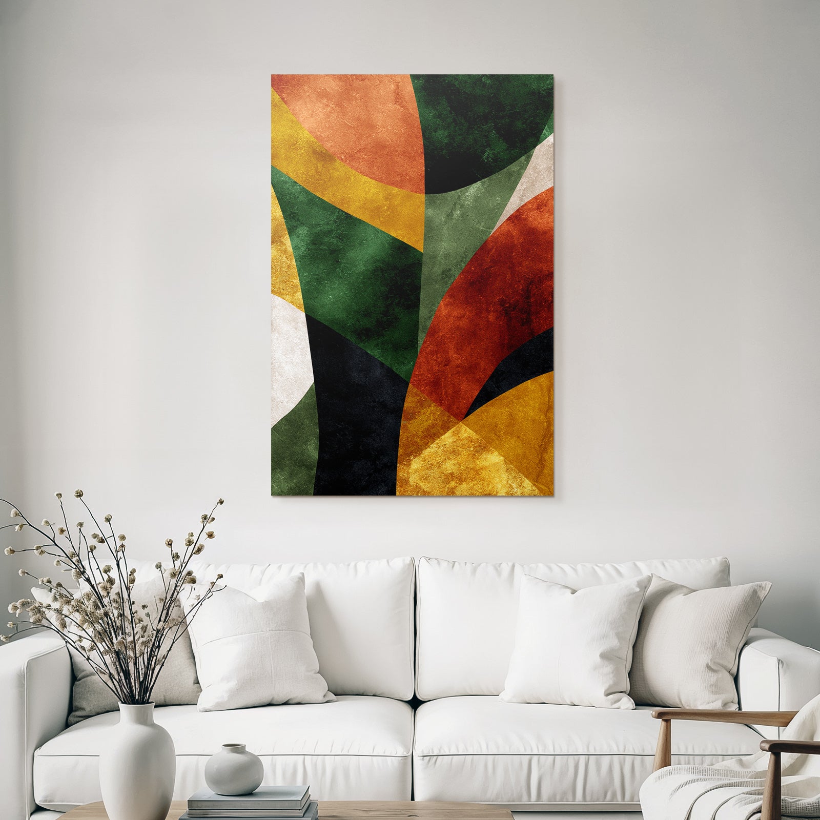 Abstract design various shapes colors green orange yellow