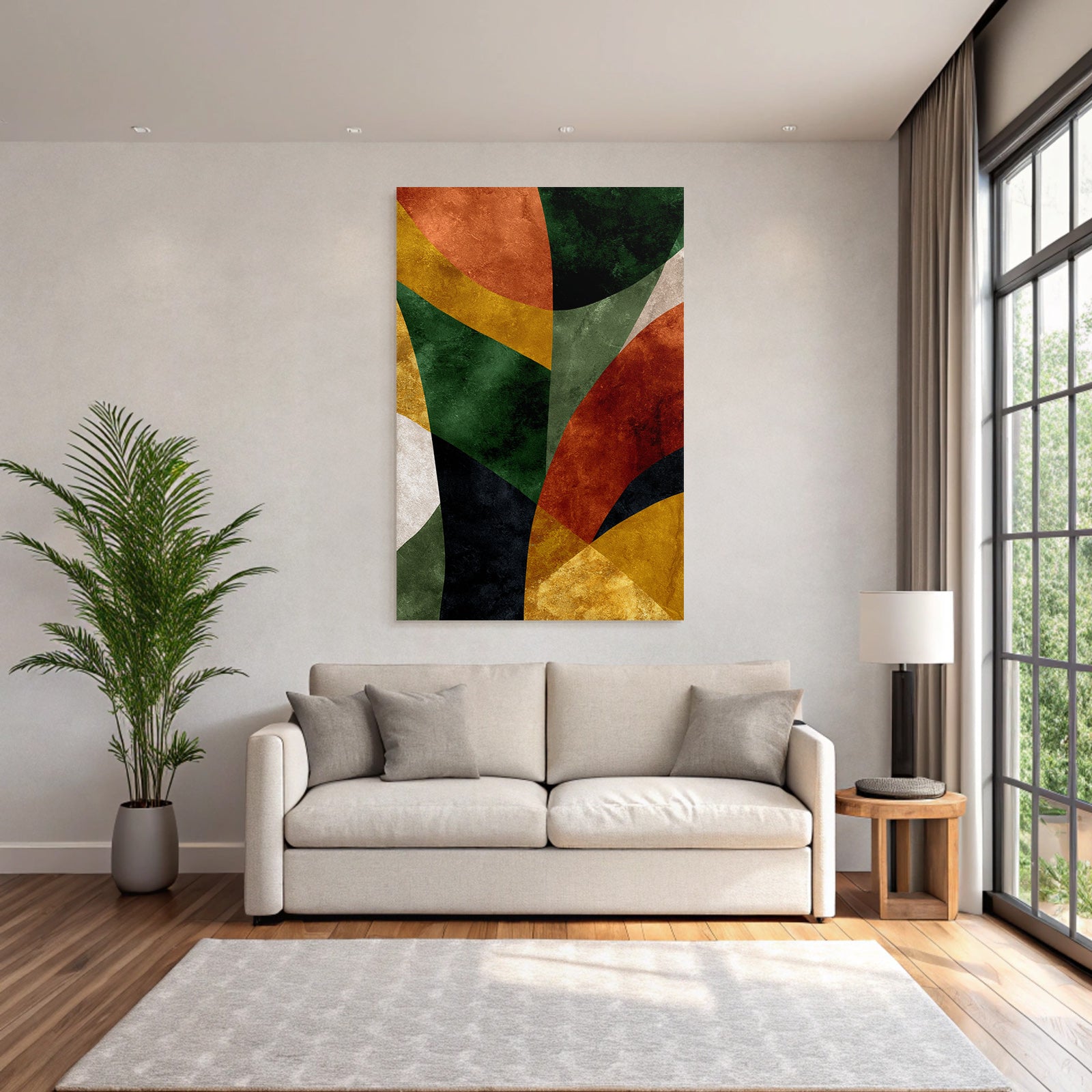 Abstract design various shapes colors green orange yellow