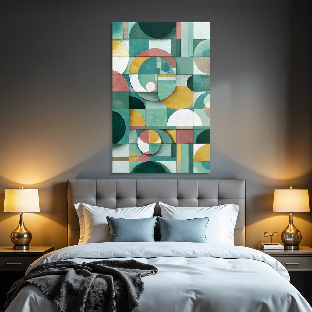 Abstract geometric design colors circles rectangles blocks green gold pink white