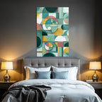 Abstract geometric design colors circles rectangles blocks green gold pink white