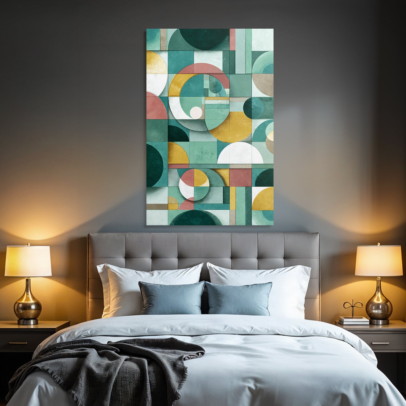 Abstract geometric design colors circles rectangles blocks green gold pink white