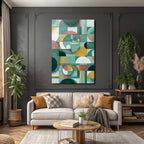 Abstract geometric design colors circles rectangles blocks green gold pink white
