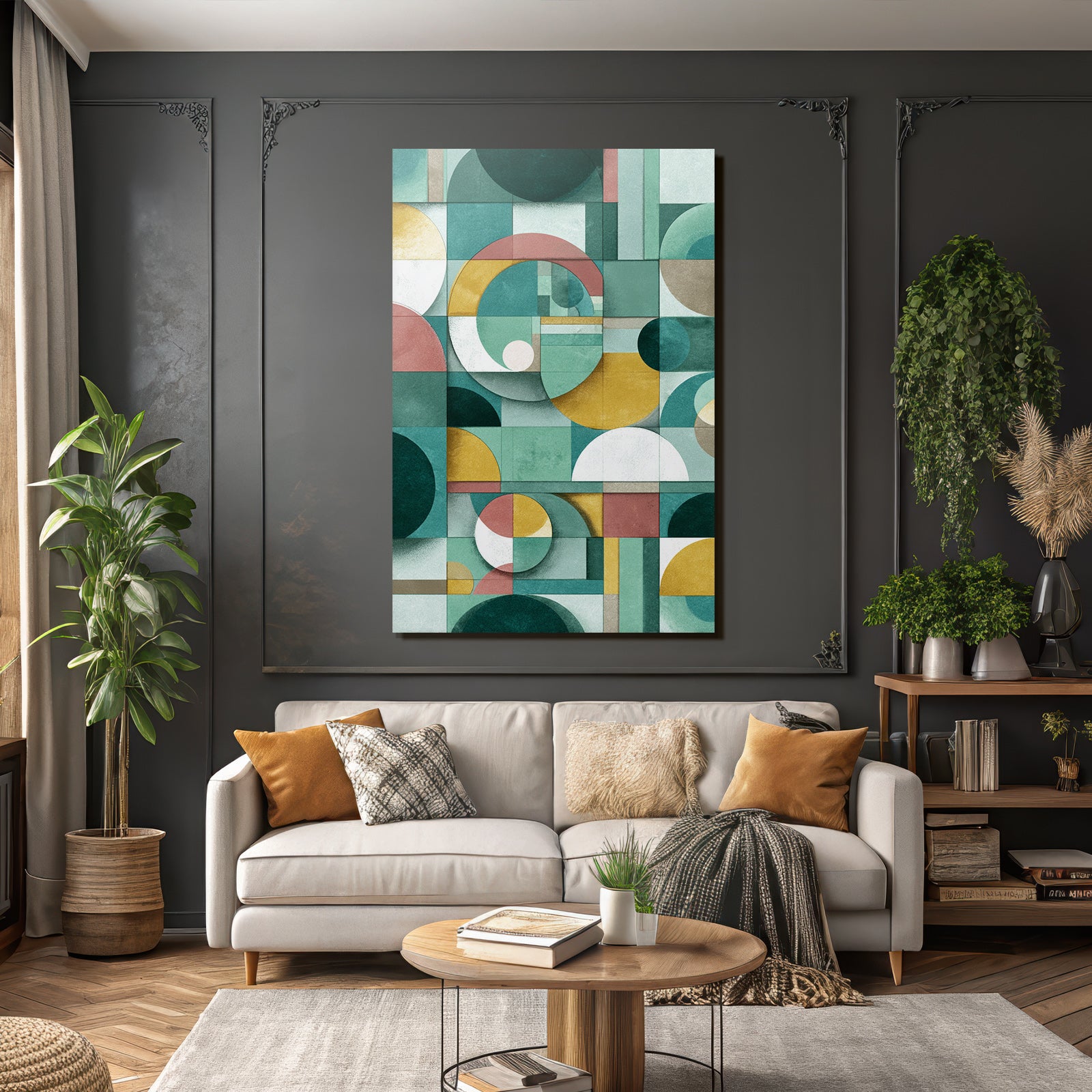 Abstract geometric design colors circles rectangles blocks green gold pink white