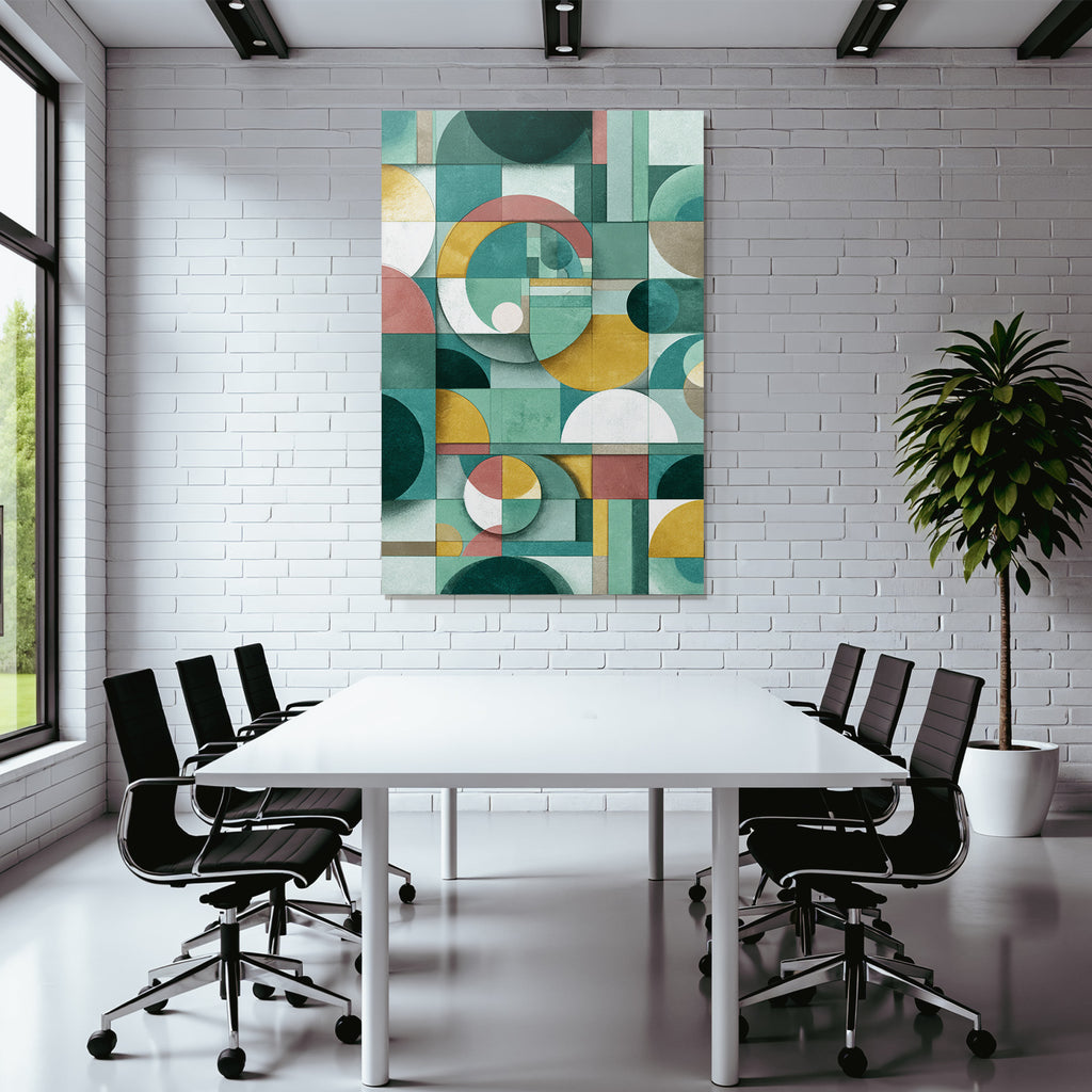 Abstract geometric design colors circles rectangles blocks green gold pink white