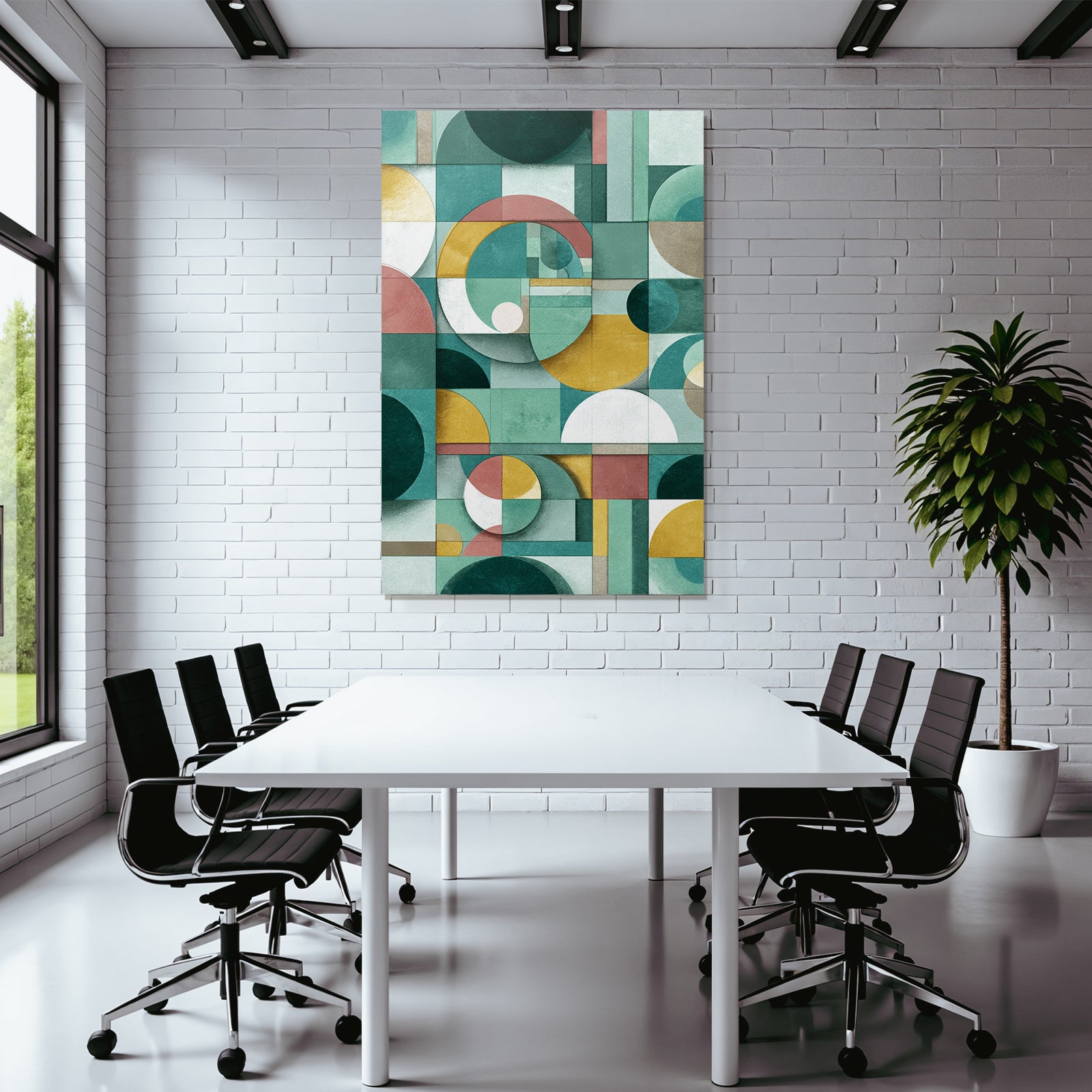 Abstract geometric design colors circles rectangles blocks green gold pink white