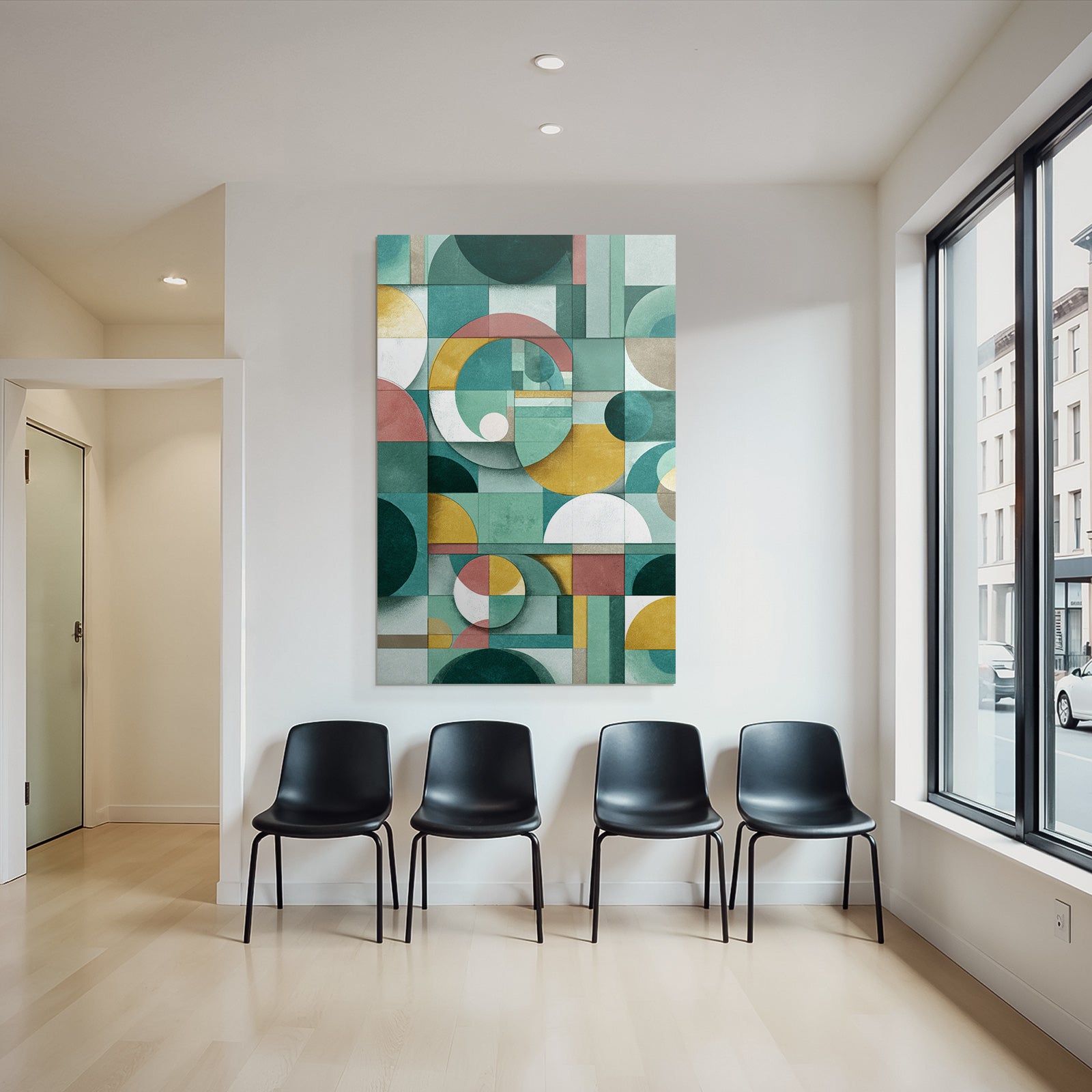 Abstract geometric design colors circles rectangles blocks green gold pink white