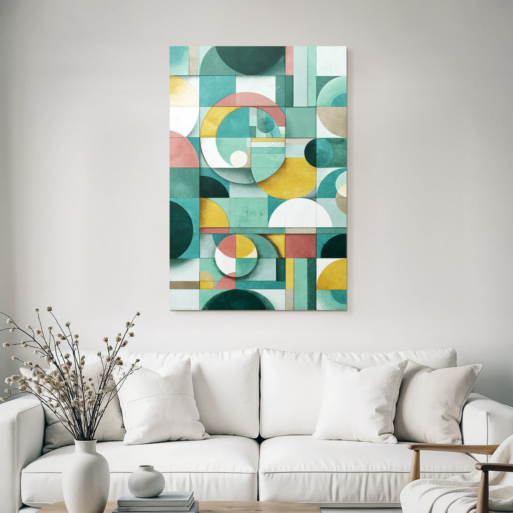 Abstract geometric design colors circles rectangles blocks green gold pink white