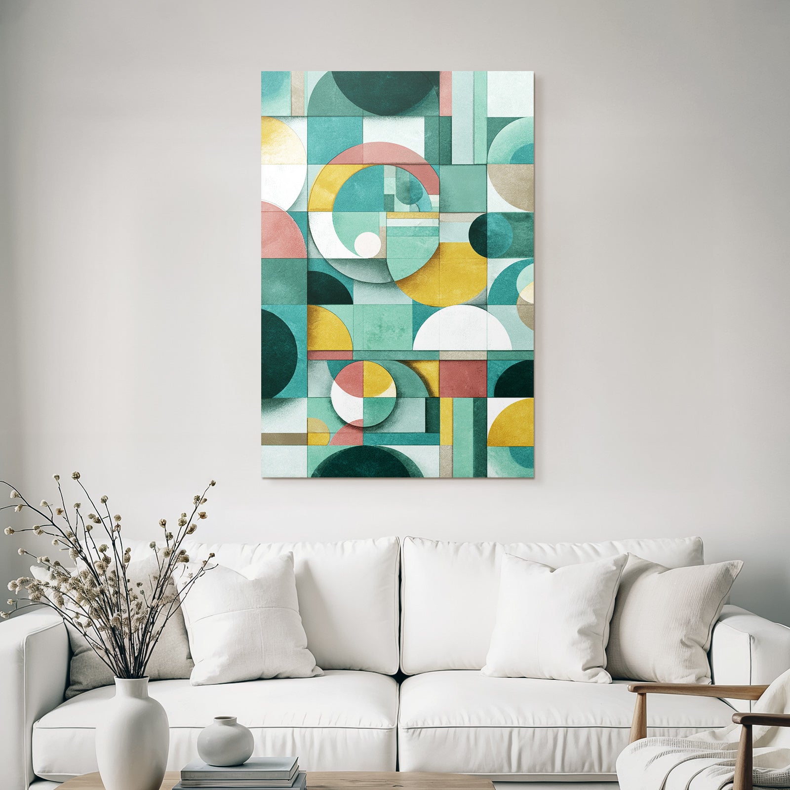 Abstract geometric design colors circles rectangles blocks green gold pink white