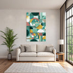 Abstract geometric design colors circles rectangles blocks green gold pink white