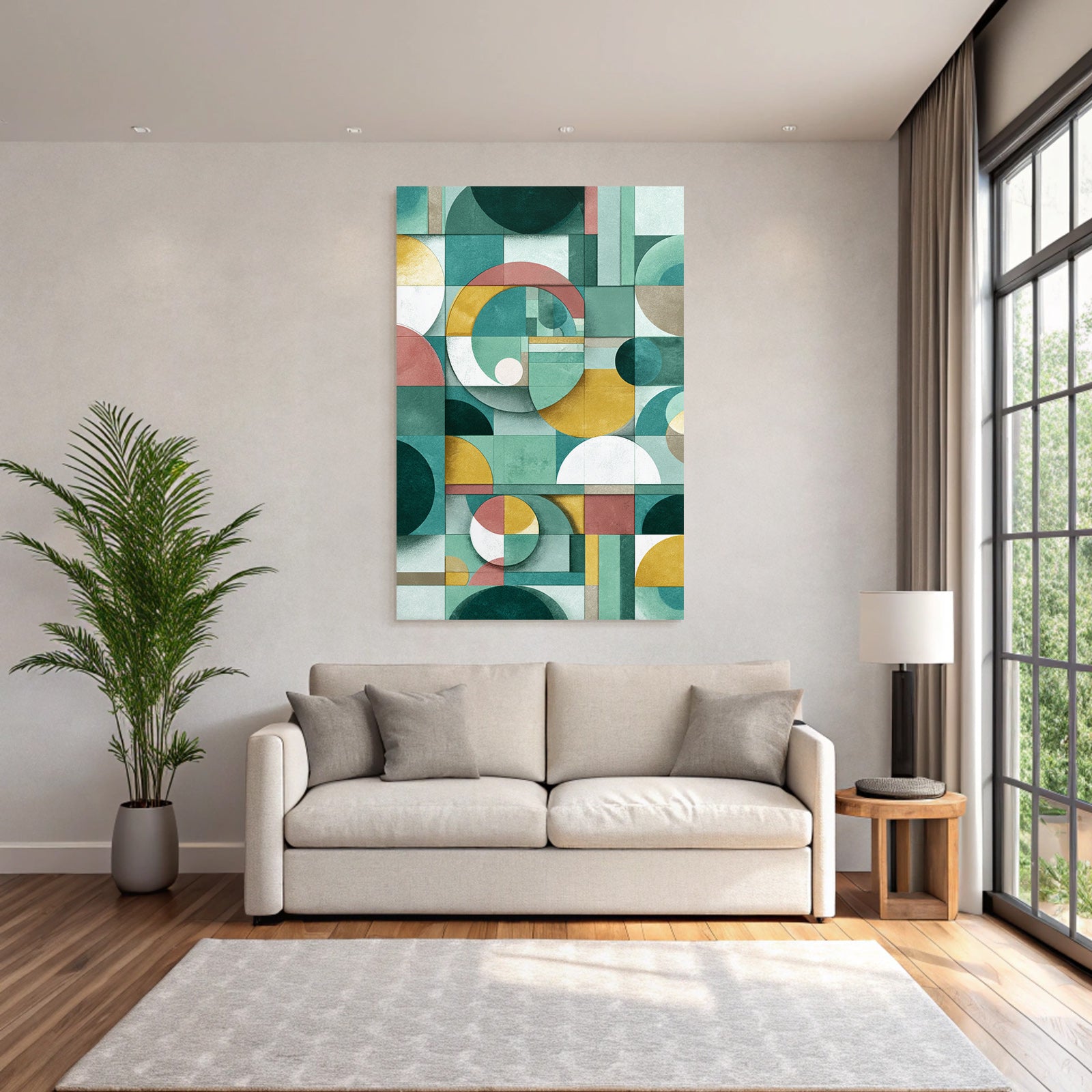 Abstract geometric design colors circles rectangles blocks green gold pink white