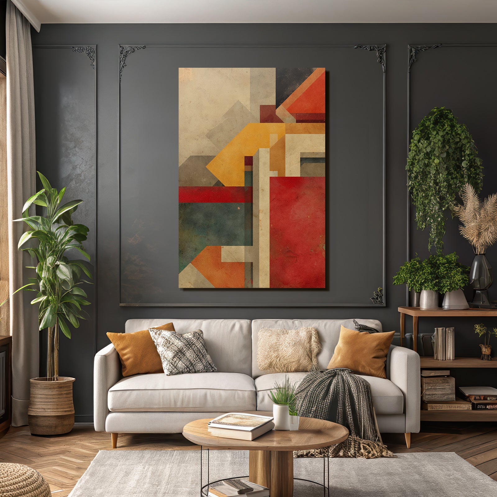 Abstract Geometric Artwork Earthy Tones Red Yellow Blue Texture Layers