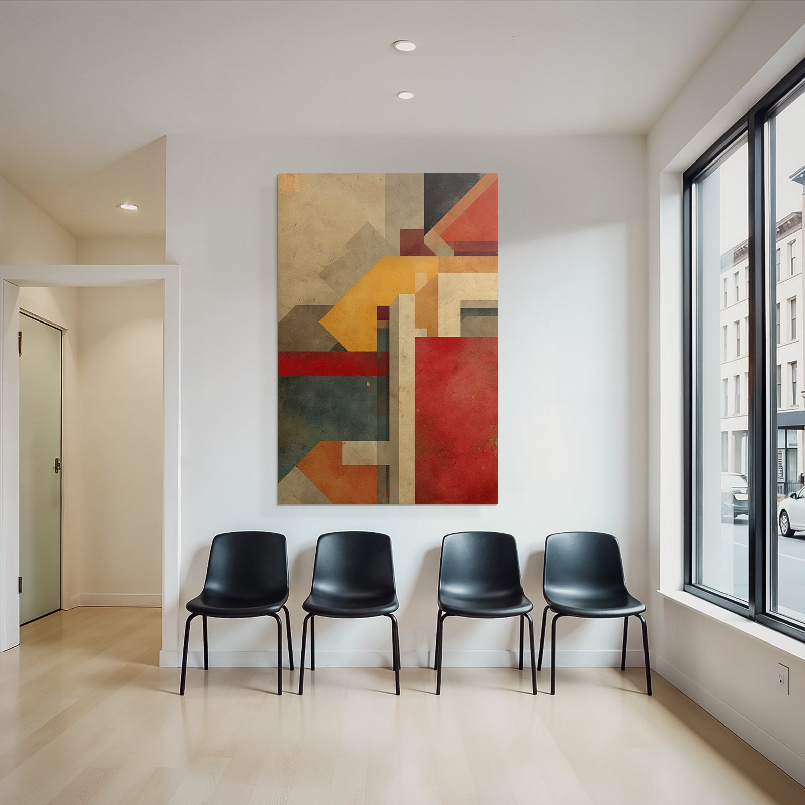 Abstract Geometric Artwork Earthy Tones Red Yellow Blue Texture Layers