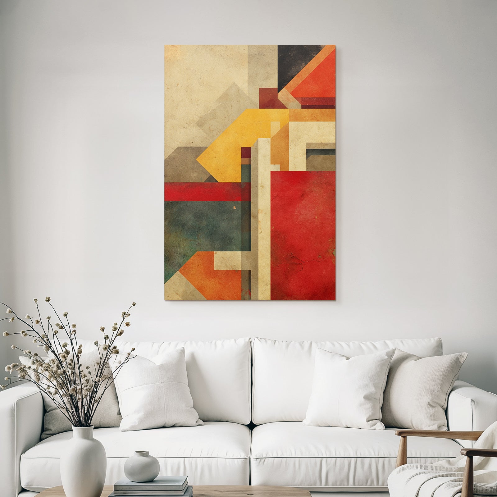 Abstract Geometric Artwork Earthy Tones Red Yellow Blue Texture Layers