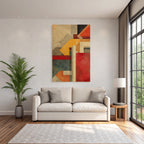 Abstract Geometric Artwork Earthy Tones Red Yellow Blue Texture Layers