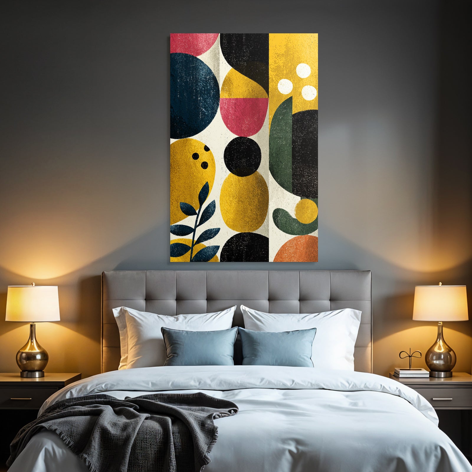 Abstract artwork geometric shapes colors blue yellow red black green