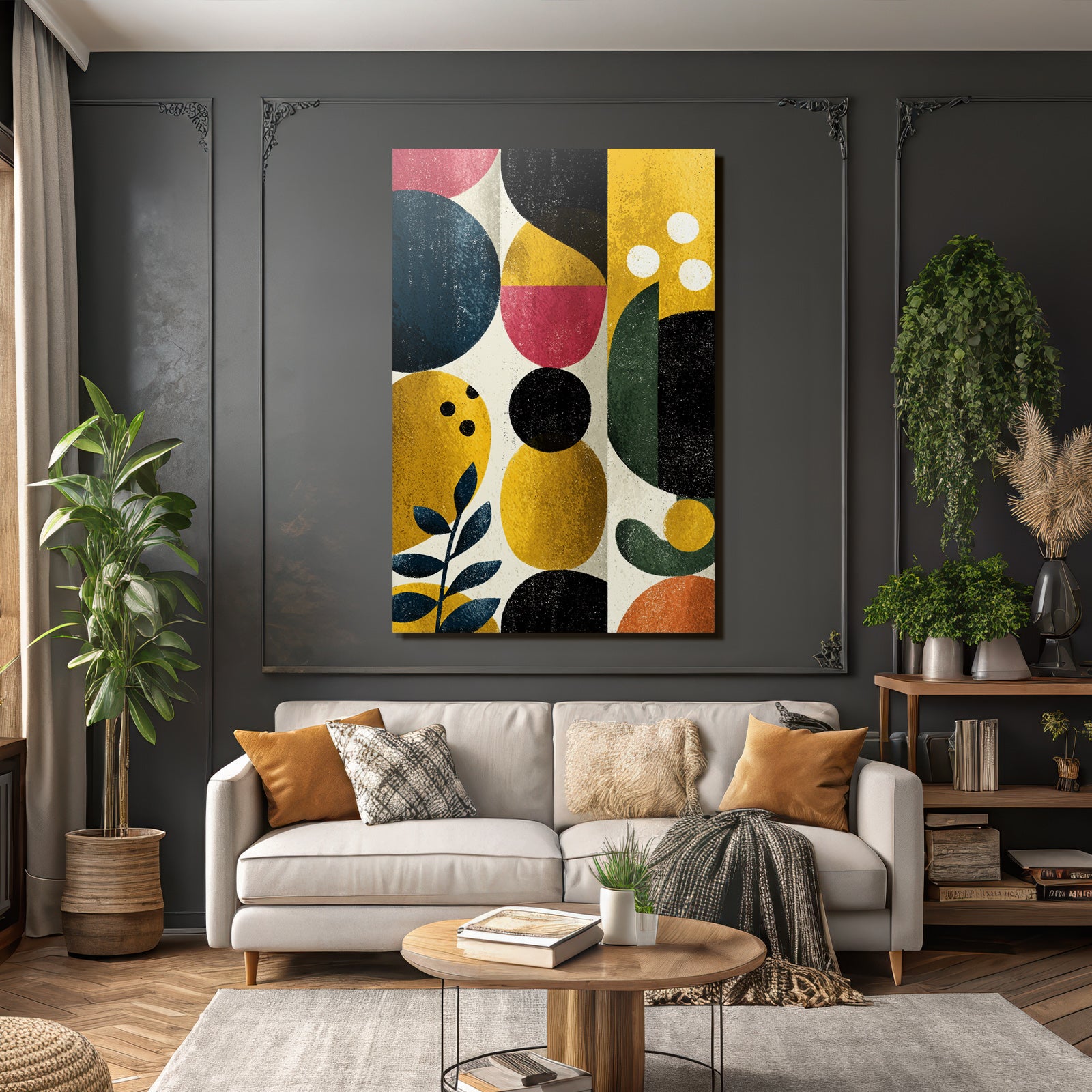 Abstract artwork geometric shapes colors blue yellow red black green