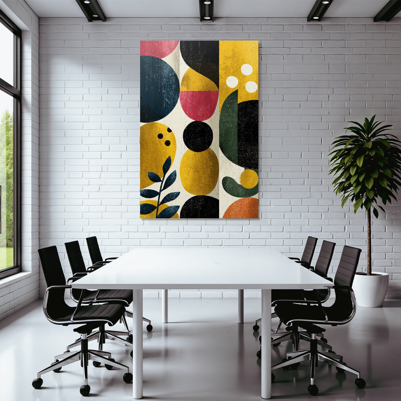 Abstract artwork geometric shapes colors blue yellow red black green