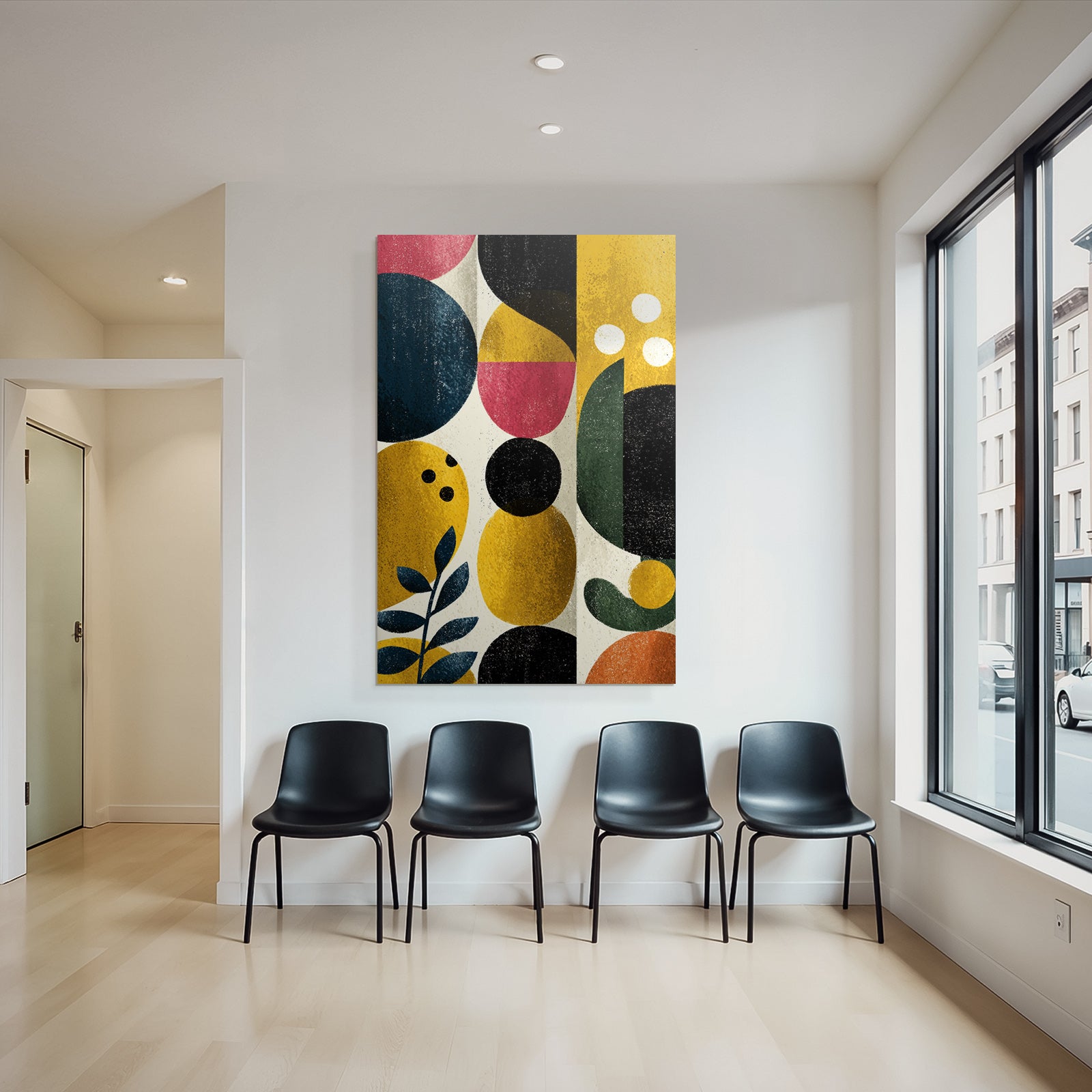 Abstract artwork geometric shapes colors blue yellow red black green