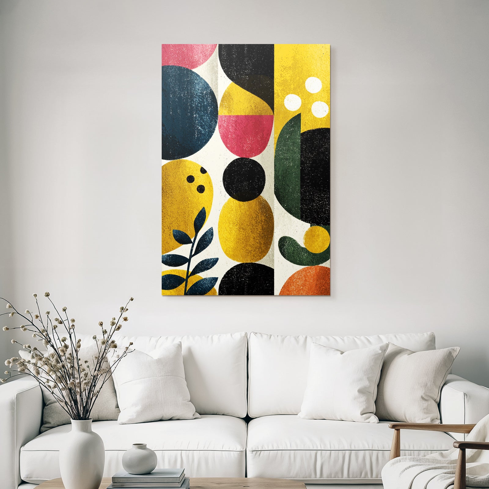 Abstract artwork geometric shapes colors blue yellow red black green