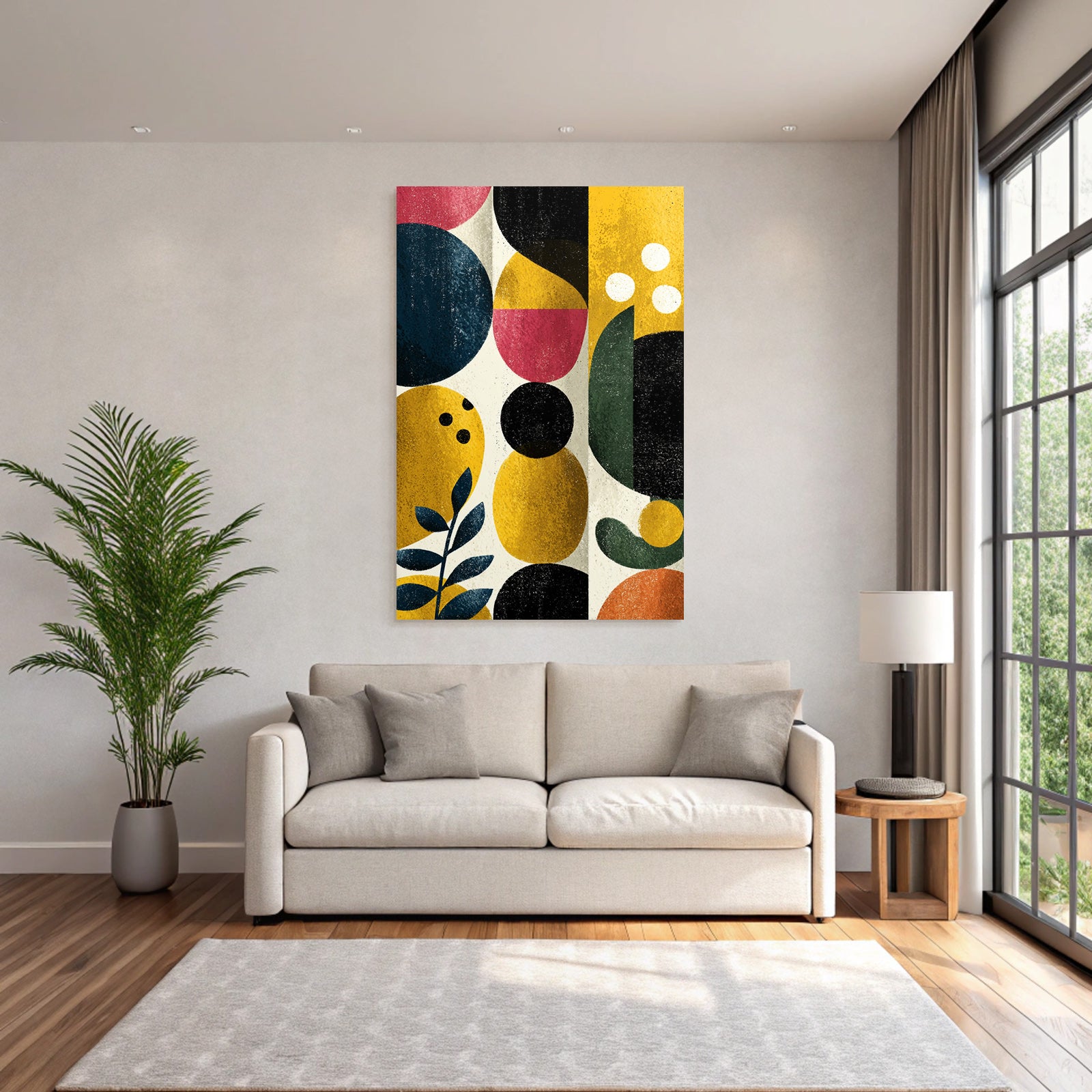 Abstract artwork geometric shapes colors blue yellow red black green