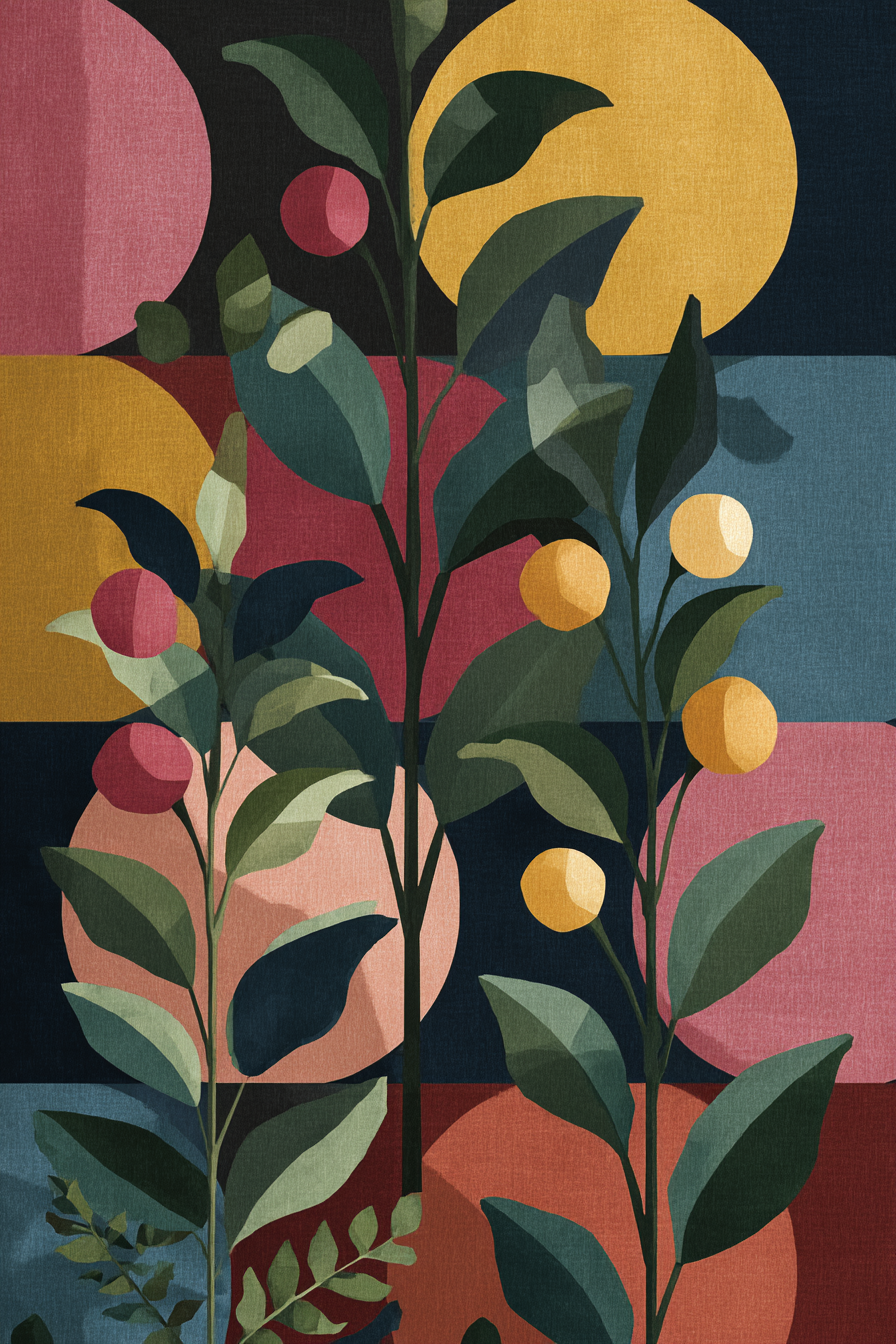 Abstraktes Pflanzenmuster Bunter Hintergrund Geometrische Formen | Mid Century Modern | Einrichtungsstile