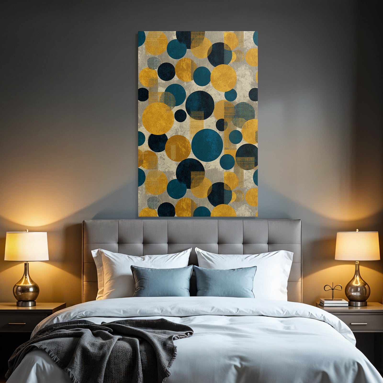 Geometrischesmuster Farbkombination Teal Senfgelb Grau