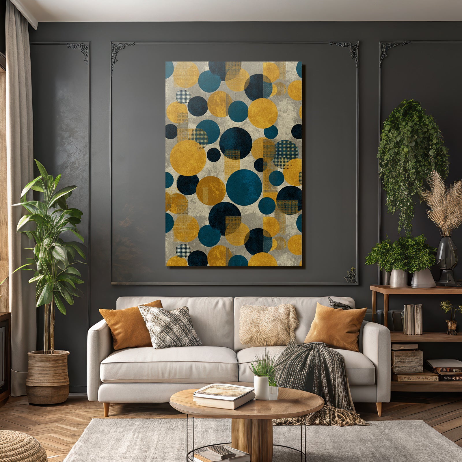 Geometrischesmuster Farbkombination Teal Senfgelb Grau