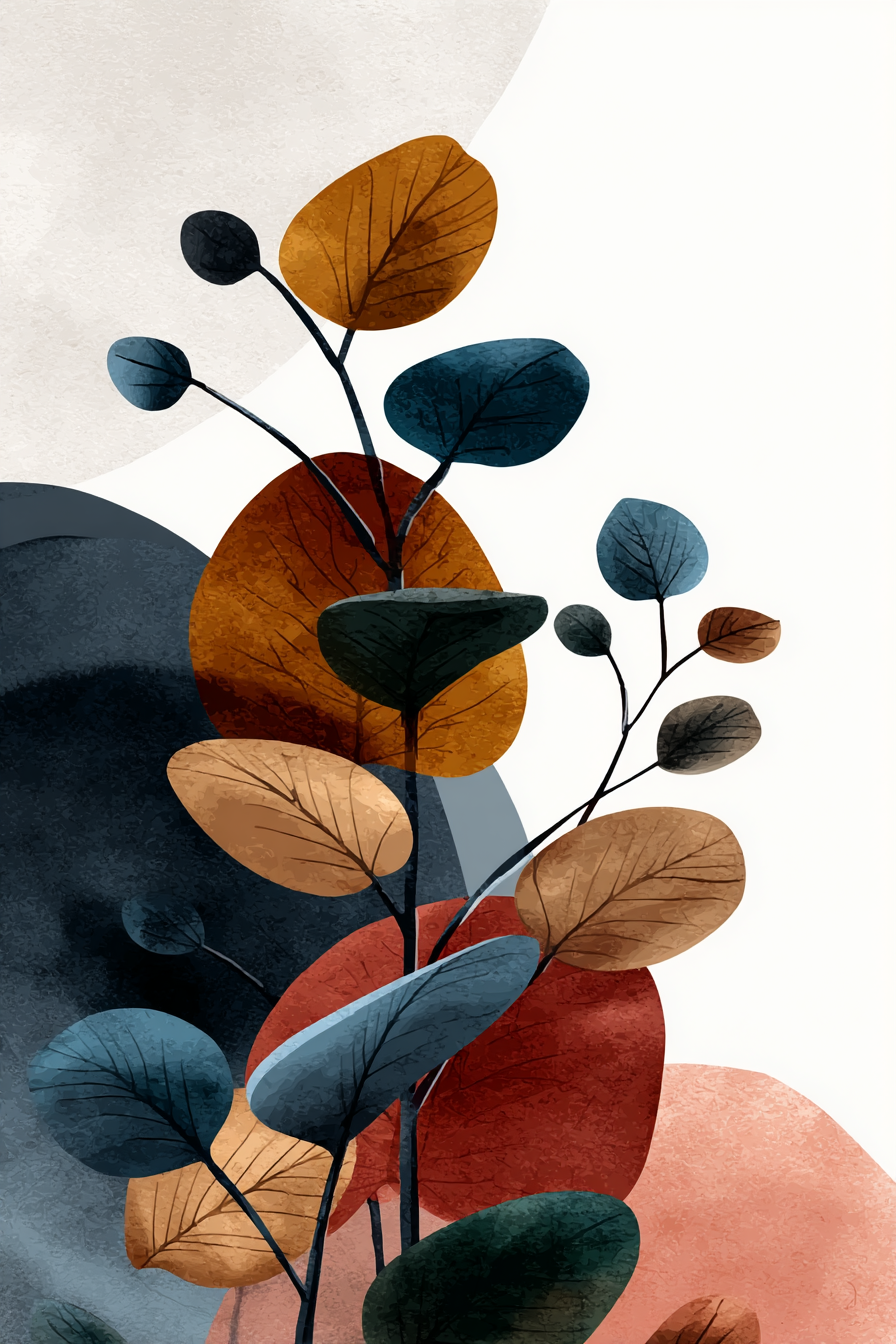 Stylisierte Blaetter Und Formen In Verschiedenen Farben Auf Hellem Hintergrund | Mid Century Modern | Einrichtungsstile