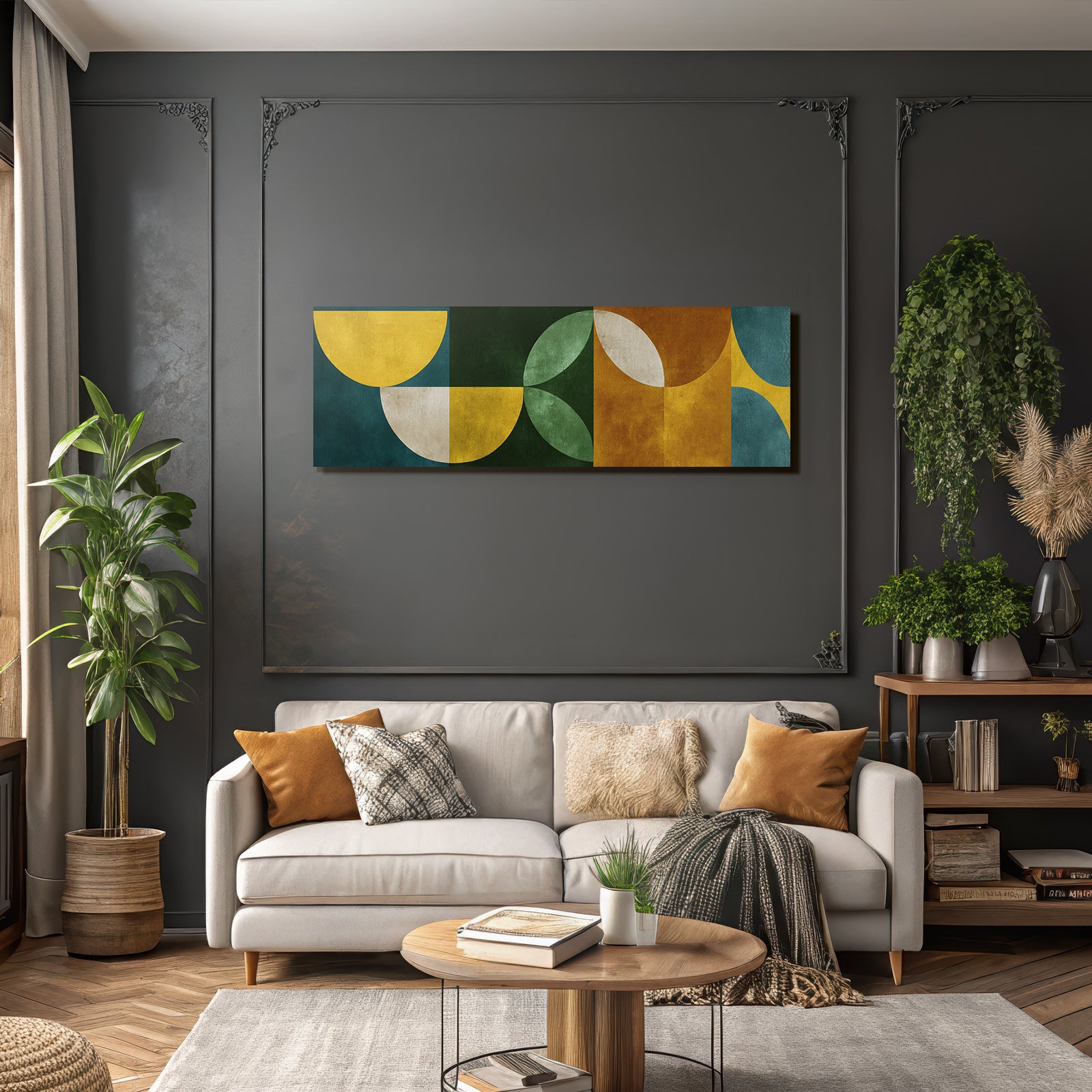 Abstrakte Geometrische Gestaltung Warmtoene Gelb Gruen Orange Hintergrund Jpg