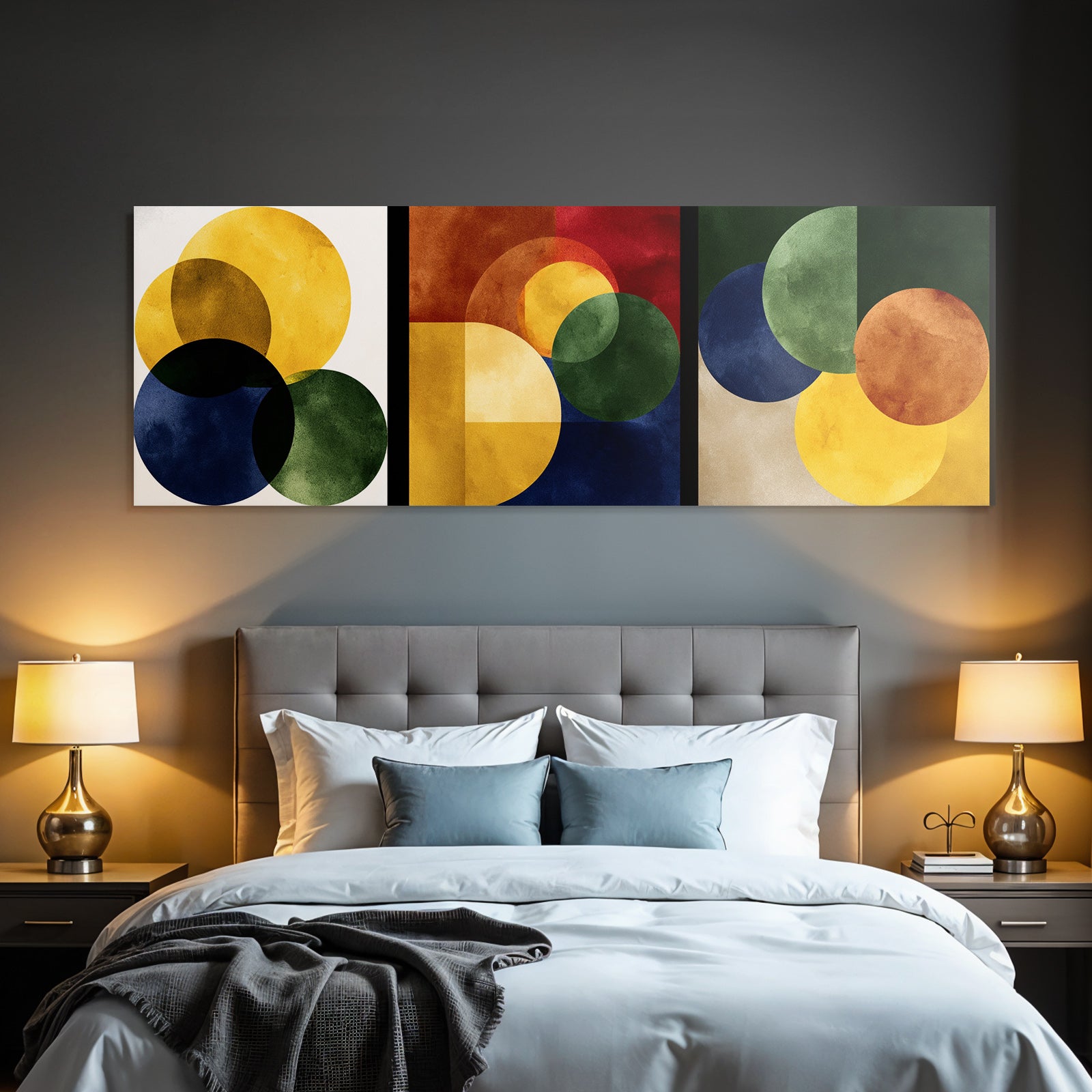 Abstrakte Geometrische Kunst Triptychon Mit Ueberlappenden Kreisen Und Formen