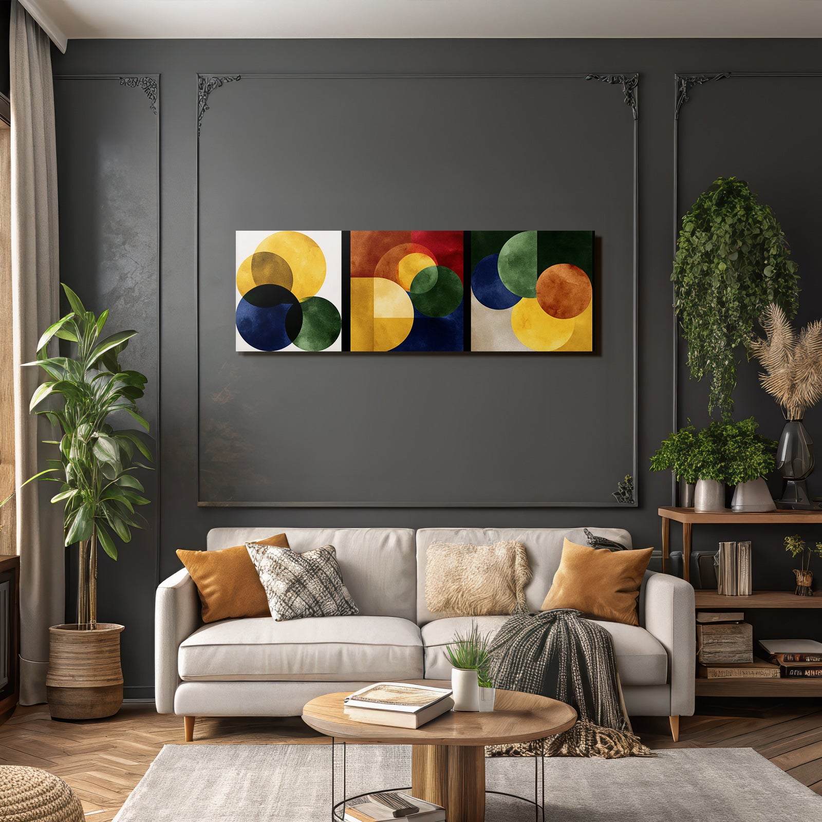 Abstrakte Geometrische Kunst Triptychon Mit Ueberlappenden Kreisen Und Formen