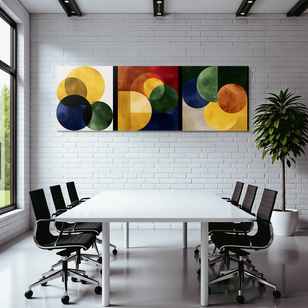 Abstrakte Geometrische Kunst Triptychon Mit Ueberlappenden Kreisen Und Formen
