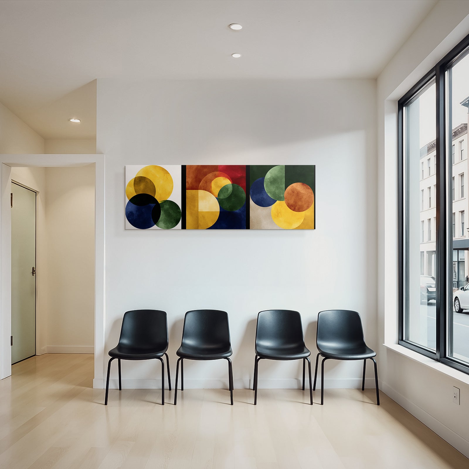 Abstrakte Geometrische Kunst Triptychon Mit Ueberlappenden Kreisen Und Formen