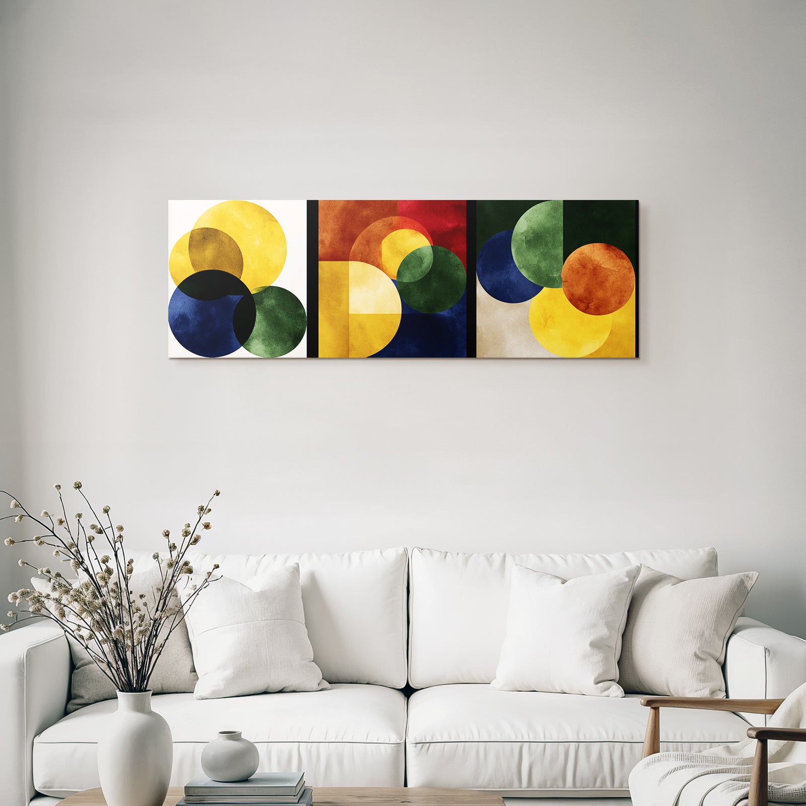 Abstrakte Geometrische Kunst Triptychon Mit Ueberlappenden Kreisen Und Formen
