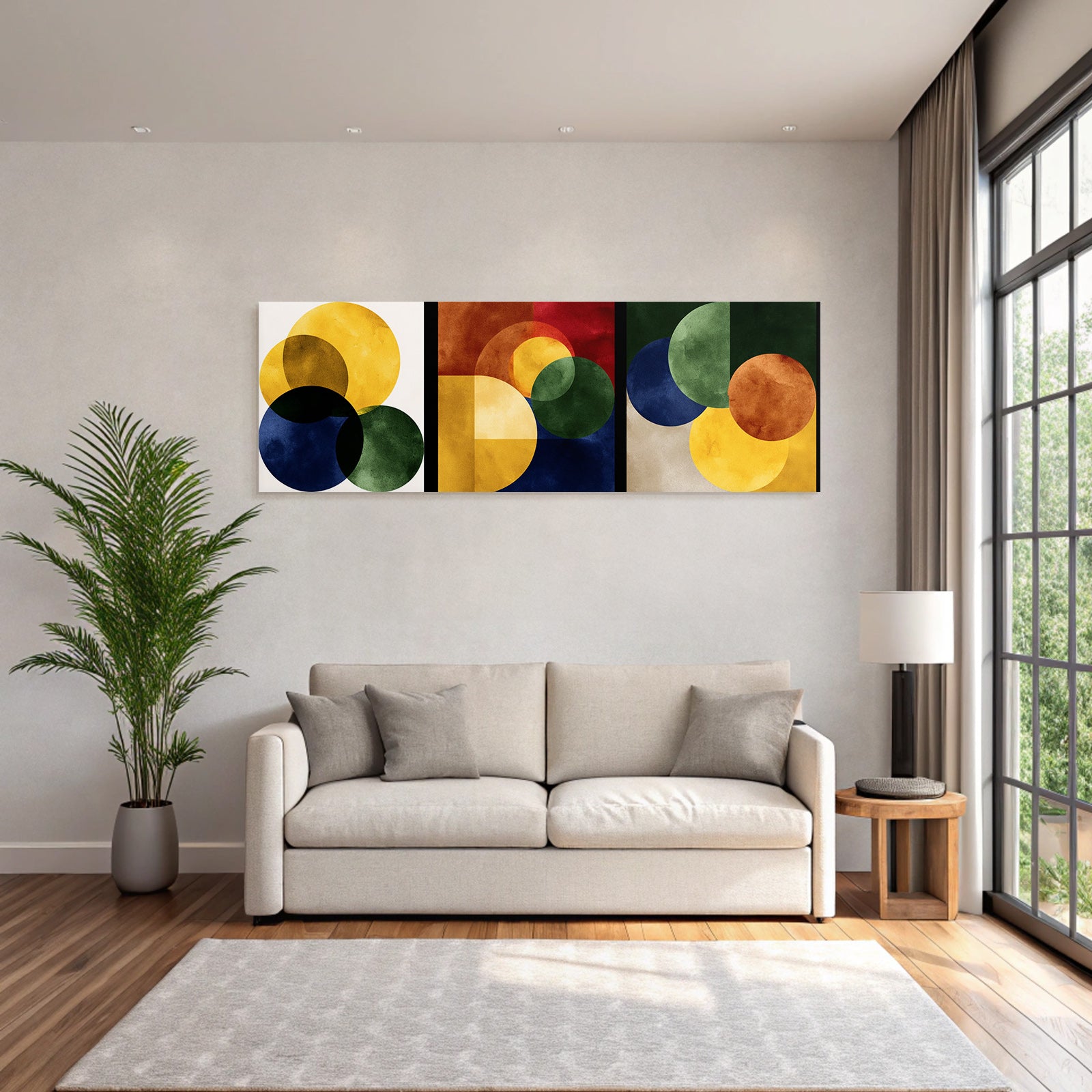 Abstrakte Geometrische Kunst Triptychon Mit Ueberlappenden Kreisen Und Formen