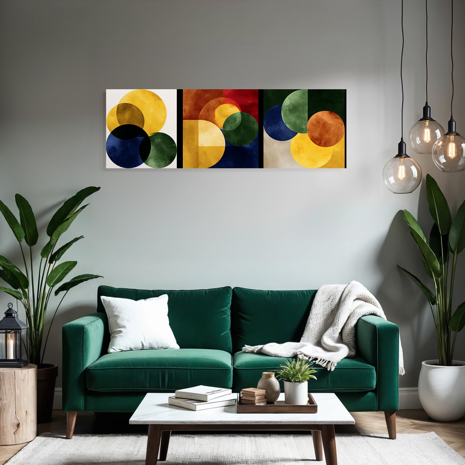 Abstrakte Geometrische Kunst Triptychon Mit Ueberlappenden Kreisen Und Formen