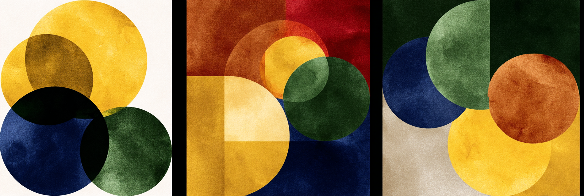 Abstrakte Geometrische Kunst Triptychon Mit Ueberlappenden Kreisen Und Formen | Mid Century Modern | Einrichtungsstile
