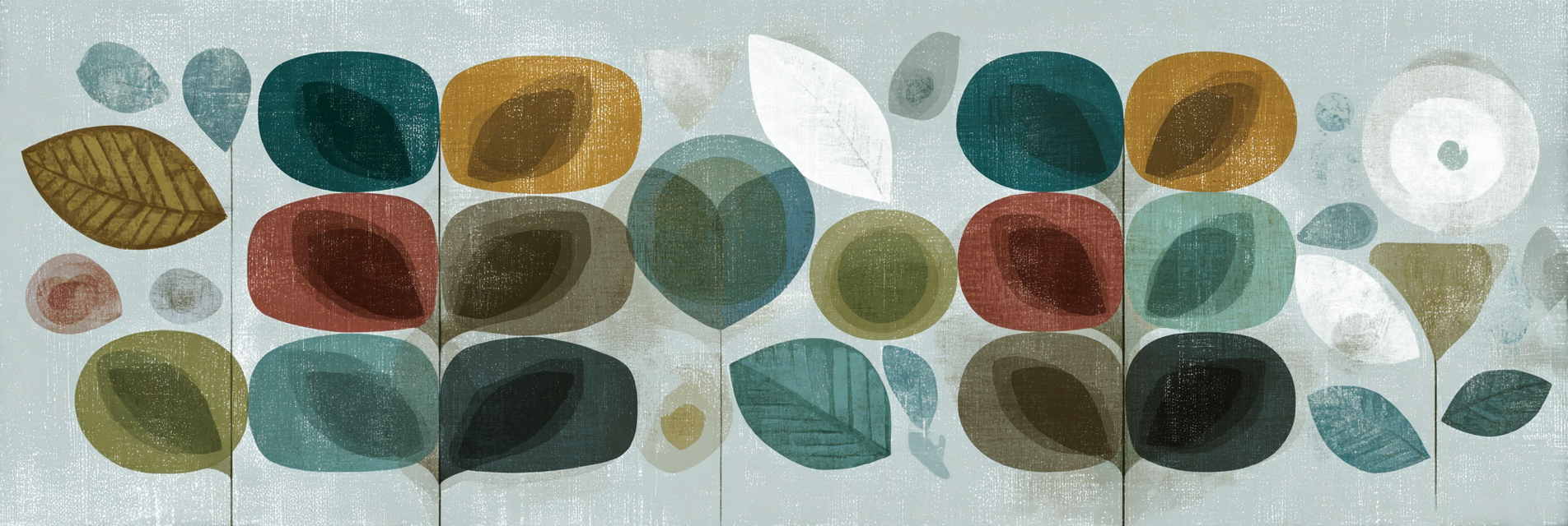 Abstrakte Illustration Mit Blaettern Und Formen Farben Auf Hellem Hintergrund | Mid Century Modern | Einrichtungsstile