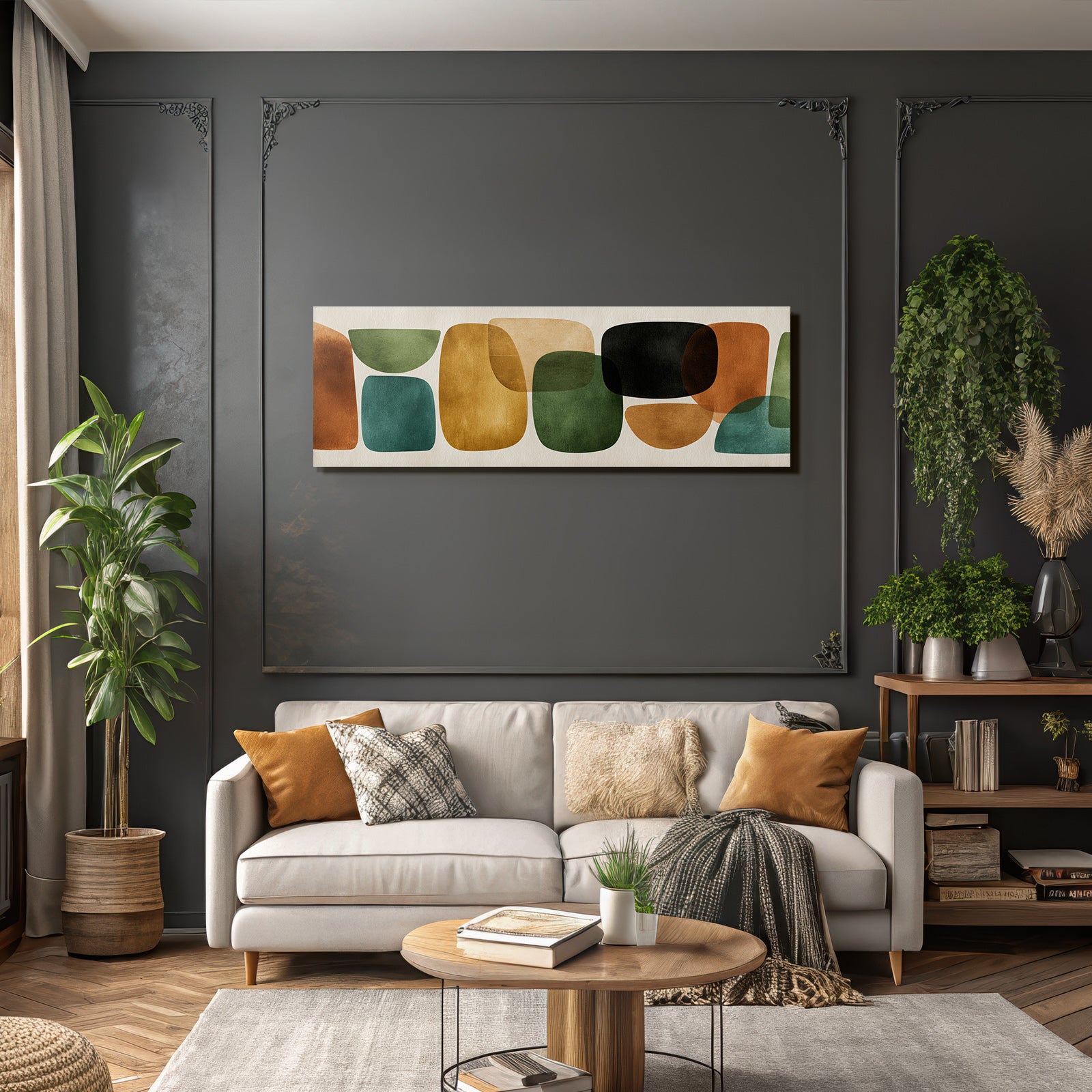 Abstraktes Design Verschiedene Formen Farben Gruen Braun Schwarz Warme Toene