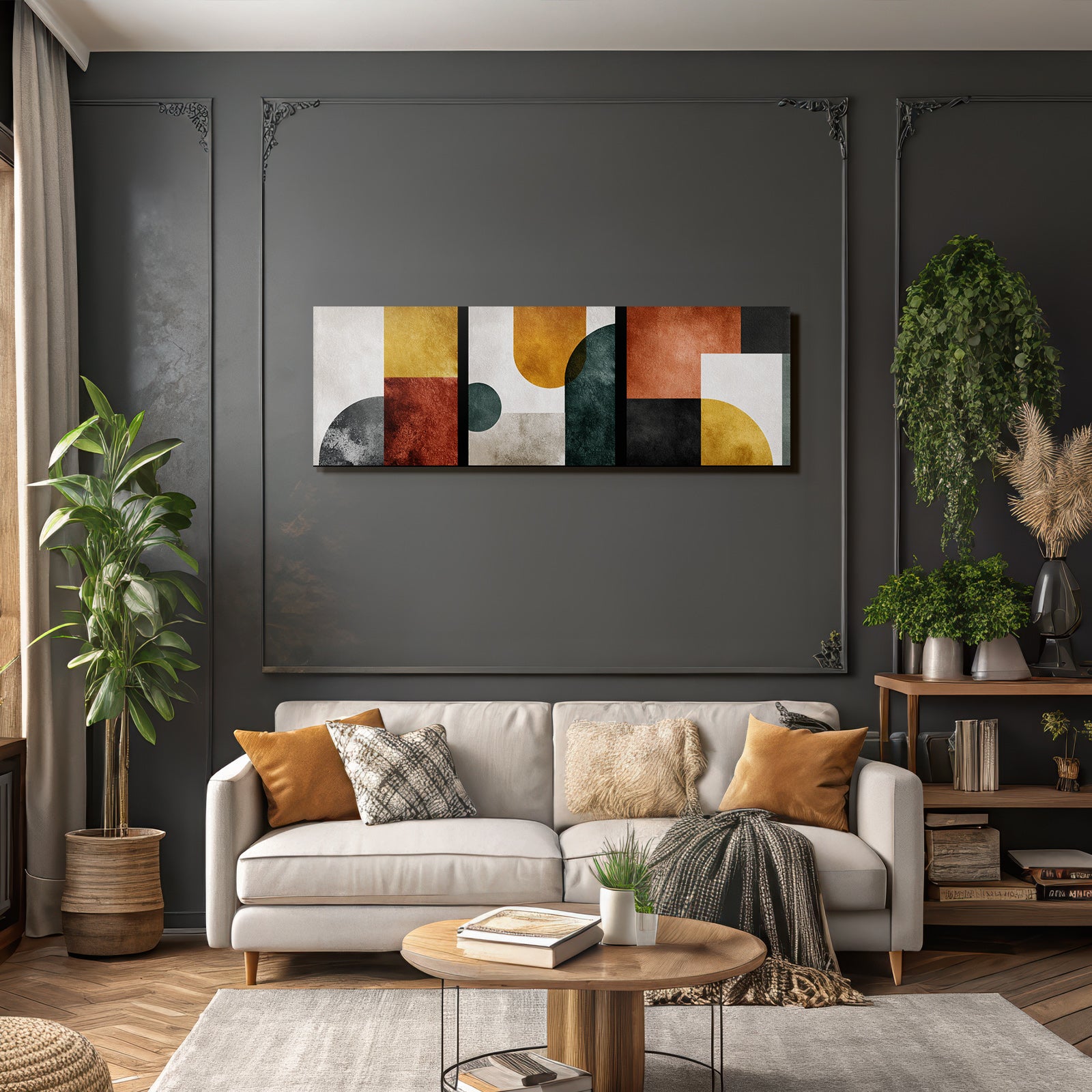 Abstraktes Kunstwerk Geometrische Formen Farben Gelb Rot Gruen Schwarz
