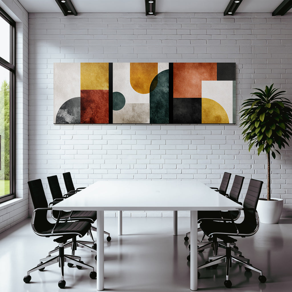 Abstraktes Kunstwerk Geometrische Formen Farben Gelb Rot Gruen Schwarz